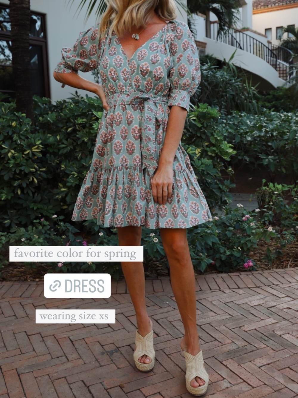 Mint Green Floral Tie-Waist Mini Dress with V-Neck